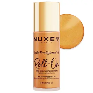 NUXE Huile Prodigieuse Shimmering Roll-On Dry Oil with 7 Botanical Oils for Radiant Glow and Hydration, for Face, Body & Hair, 2.0 fl oz Argan Oil, Golden, Comfort, Scented, Cosmetic, Nourishing, Body care, Moisture, Fragrance, Scent, Argan,  Radiance