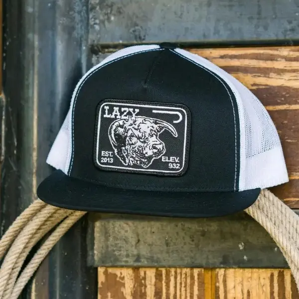 Lazy J Ranch Black & White Black Elevation Classic Five Panel Trucker Hat | Lazy Bull Trucker Cap | Cowboy Ranch Mesh Snapback Hat | Western Cattle Flat Bill Cap | Country Rodeo Gift Hat | Ranch Workwear Outdoor Cap | Gift for Him