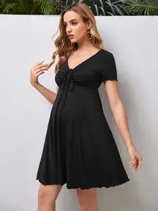 Maternity Drawstring Front Lettuce Trim Dress for Casual Pregnancy Wear
