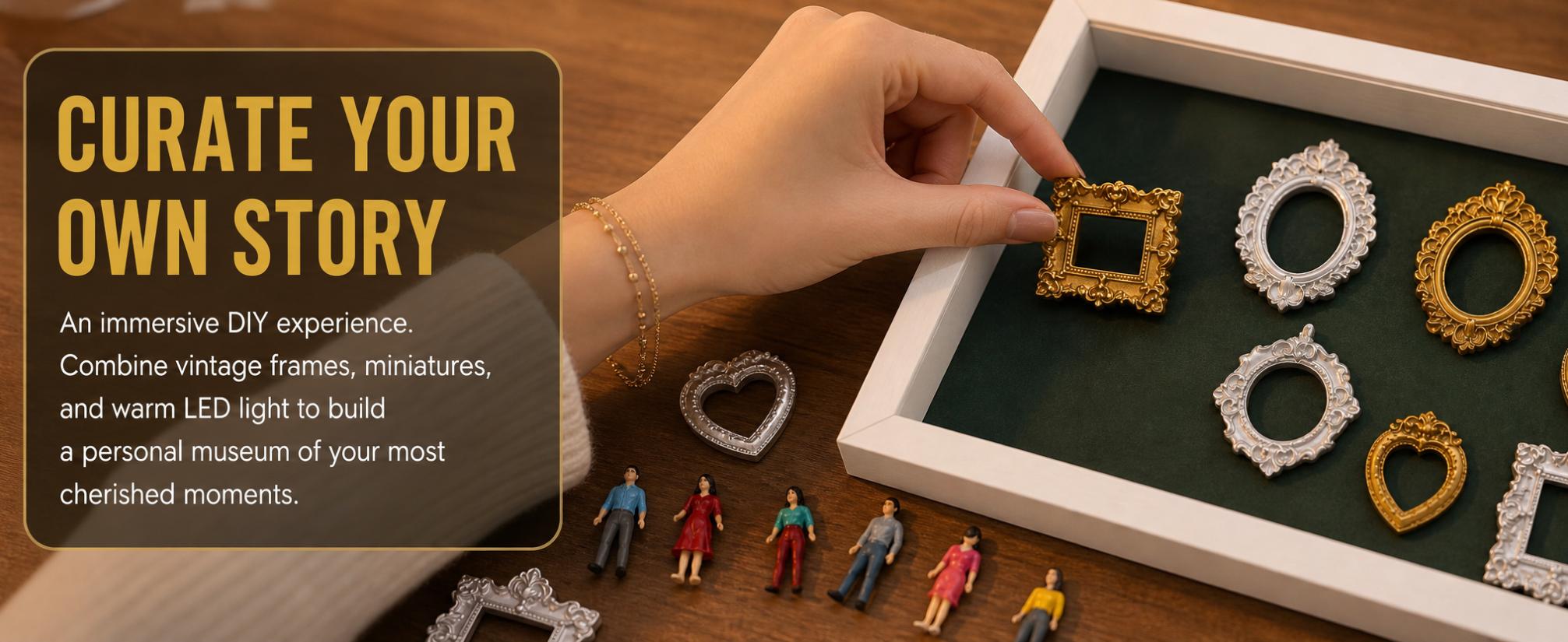 Mini Museum Shadow Box DIY Frame Kit with Pull-Out Acrylic Panel, LED Spotlights, Mini Figures & Vintage Frames, Creative Room Decor Memory Display Box