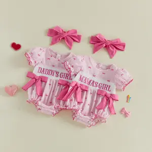 Imcute Infant Baby Girls Summer Mather's Day Romper Stripe Bow Print Daddy/Mama's Girl Embroidery Short Sleeve Onesie Bodysuit Headband Clothes