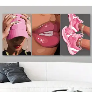 Modern Art Poster Set, Hat Lip Print Shoes Prints, Canvas Wall Art Decor, Modern Home Decoration, Unframed, Ideal Gift for Living Room Bedroom Hallway