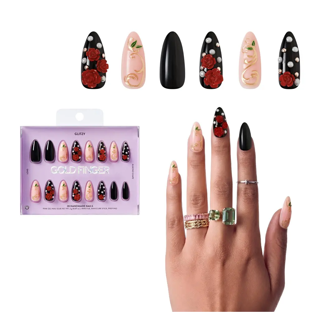 Gold Finger Glitzy 3D Press-On Nails in Valuable – Long Almond Fake Nails, 3D Red Roses & Gold Filigree, Luxury Glue On Nails, 28 Pc Kit