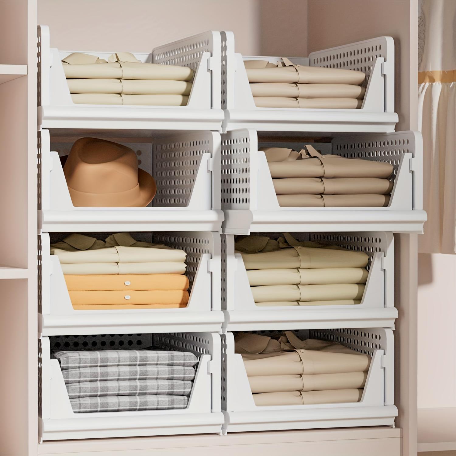 4 Pack Folding Closet Organizers Storage Box, Stackable Storage Bins, Plastic Drawer Basket Closet Storage for Wardrobe Cupboard Kitchen Bathroom Office