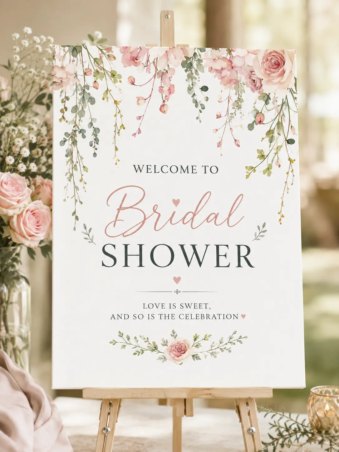 Blush Pink Floral Bridal Shower Welcome Sign, Wildflower Bride to Be Party Poster with Love Is Sweet Quote, Romantic Wedding Shower, Bridal Brunch and Engagement Party Decor, Gift for Bride, Bridesmaids and Special Event Celebration