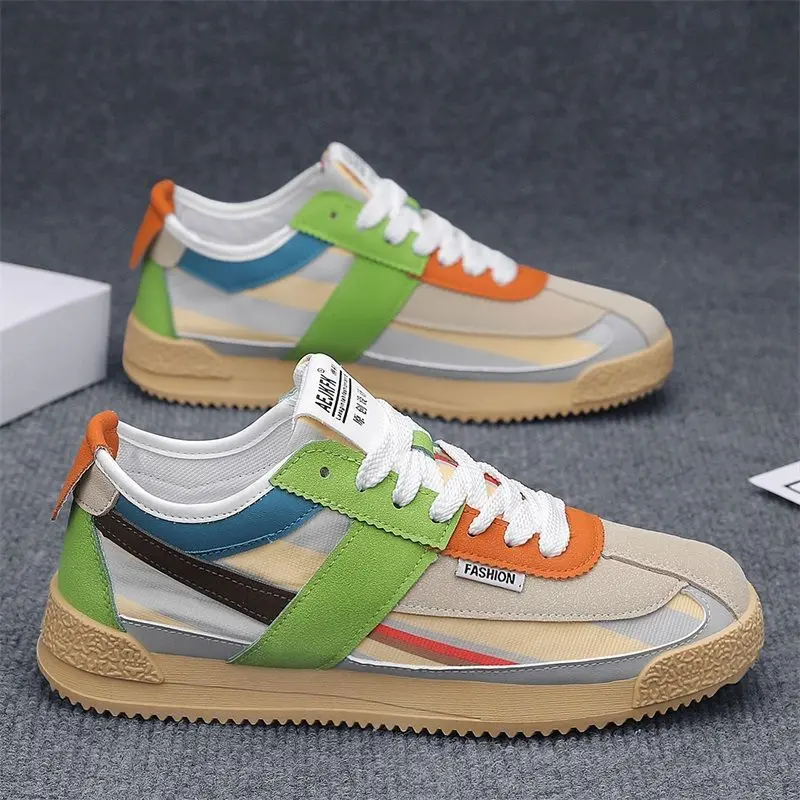 Men's Low-Top Color Block Street-Style Sneakers - Breathable Fabric, Cushioned Striped Sports Footwear for Outdoor Training, Trainer, Sports Shoes, Stripes, Block Colors, All-Year, Cushioning