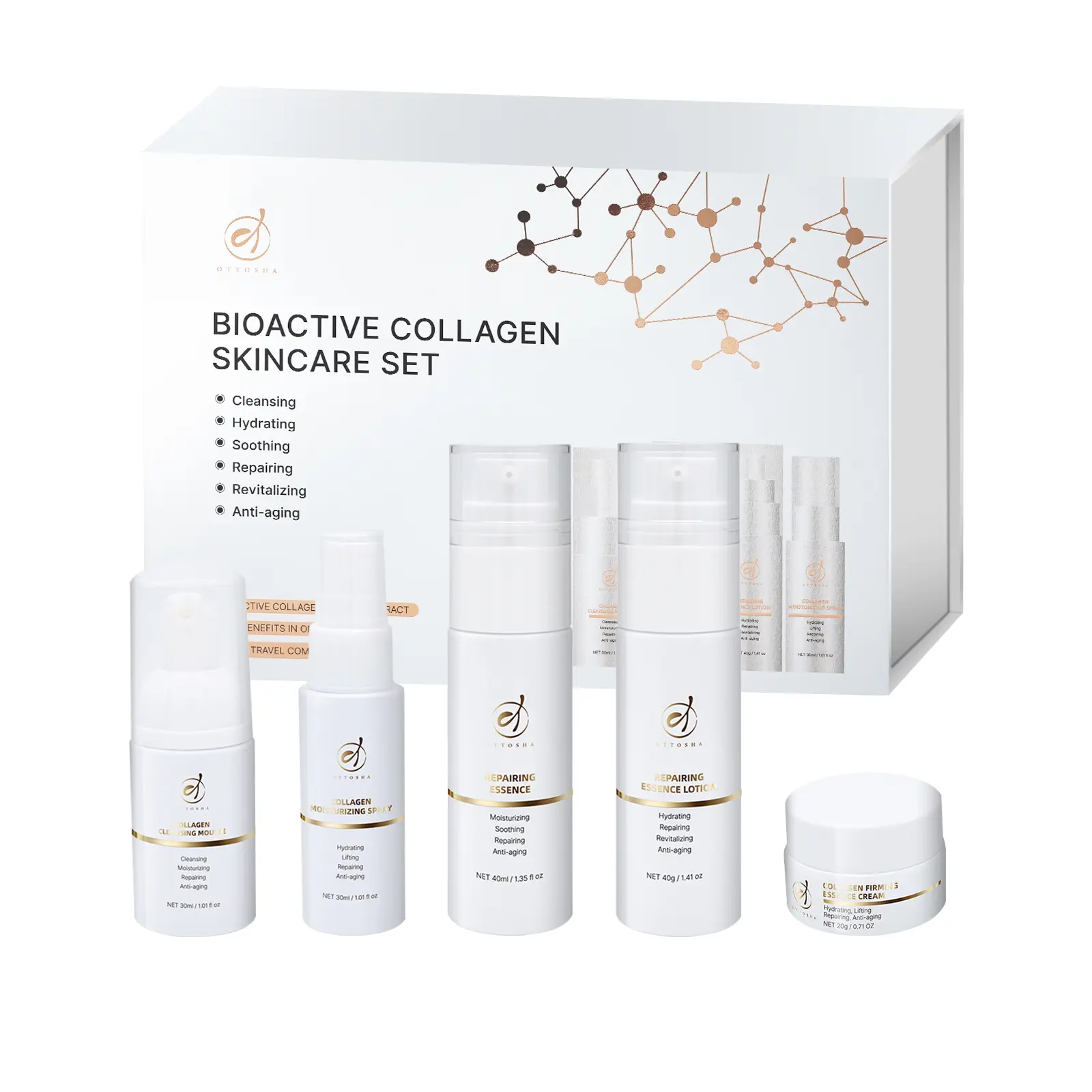 OTTOSHA Anti-Aging Facial RoutineTravel Kit（Cleanser,Serum Spray, Soothing Serum，Brightening Serum，collagen cream)Vegan & Cruelty-Free for all skin types|Travel Size Toiletries, Skincare-9123