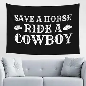 Western Horse Tapestry Wall Hanging - "Save a Horse Ride a Cowboy" Black Design, 60x40in Polyester Fabric for Bedroom, Living Room Decor, Home Supplies Gift, Decoration Accent
