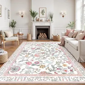 Floral Washable Area Rugs for Living Room, Soft Pink Boho Girls Bedroom Rug Non-Slip Low Pile Flower Birds Dining Room Rug, Botanical Floor Carpet for Kids Classroom Office