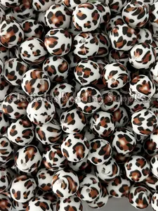 15mm Brown Dot Silicone Print Beads, Round, DIY Pens, DIY keychain, Loose