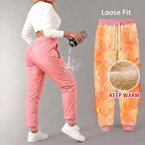 【JOGWAVE】Women's Polyester Fleece-Lined Winter Pants, Loose-Fit Warm Casual Trousers with Zip Pockets, for Everyday Wear & Outdoor Activities, Ideal Christmas Gift