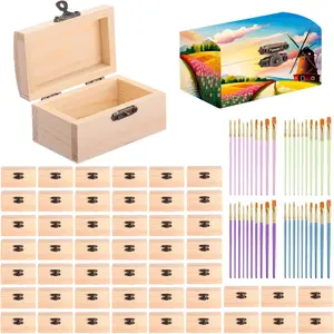 48 count Unfinished Wooden Craft Boxes with Paintbrushes Small Wooden Boxes Small Treasure Chest with Lid and Clasp  Storage Box for DIY  Shower Pirate Decor, 3.5 x 2.2 x 1.8 Inch