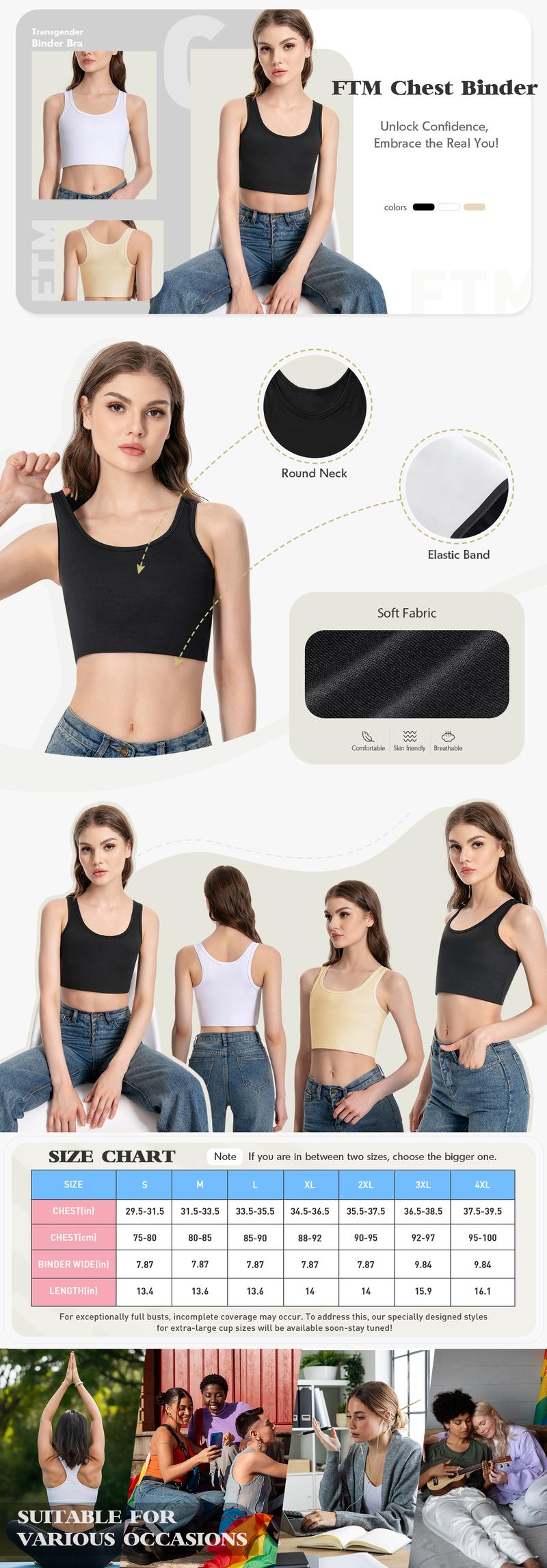 CuteStreet Transgender Tomboy FTM Chest Binder Pull On Closure Breathable and Strong Compression Tank Top Trans Bra Binder Camisole Bandeau Black Elegant