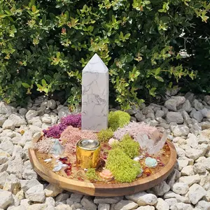 Handcrafted Crystal Altar with Howlite Tower Clear Quartz Moss Agate & Gold Candle Holder Sacred Space Decor for Clarity Grounding