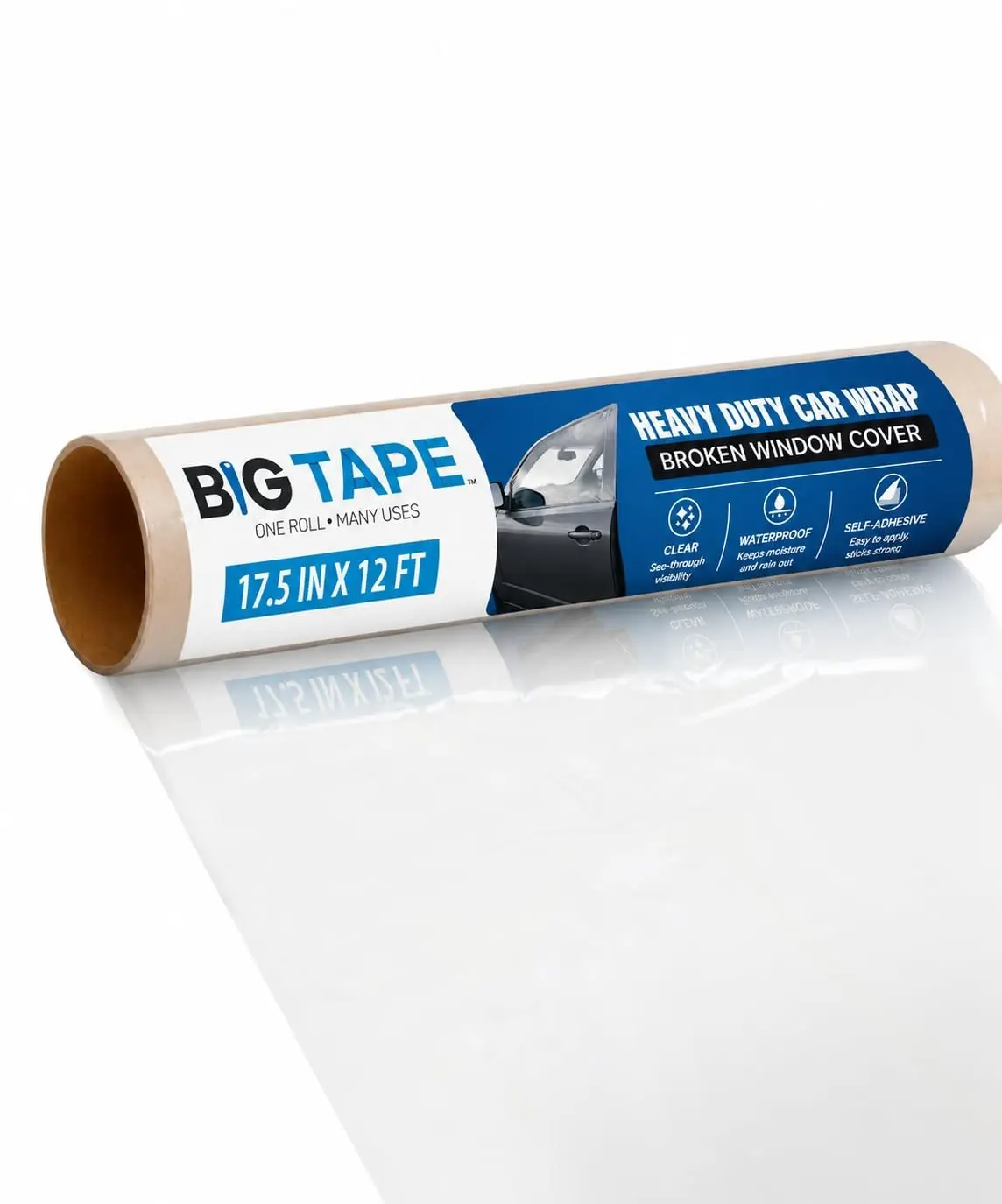 Big Tape Crash Wrap for Broken Car Windows, Temporary Film 17.5 in x 12 ft | No-residue Plastic Window Cover Seals Broken Auto Glass Fast — Waterproof Protection with Clean, Sticky-Free Removal