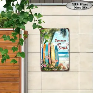 2D Flat, ironVintage Style 'Beach Summer' Metal Tin Sign, 2D Graphic Design, Size 7. 9x11. 9inch, with Palm Tree and Surfboard Decor, Suitable for Home, Bars, Cafes, and 80s Themed Rooms- Durable Iron Art Hanging Decoration, Coastal Style,