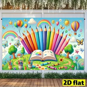 2D Flat 1pc Back to School Art Backdrop Banner, Colorful Pencil Book Rainbow Photography Background, Ideal for Kids Art Class, School Classroom Decor, Art Themed Party, Multiple Sizes Available