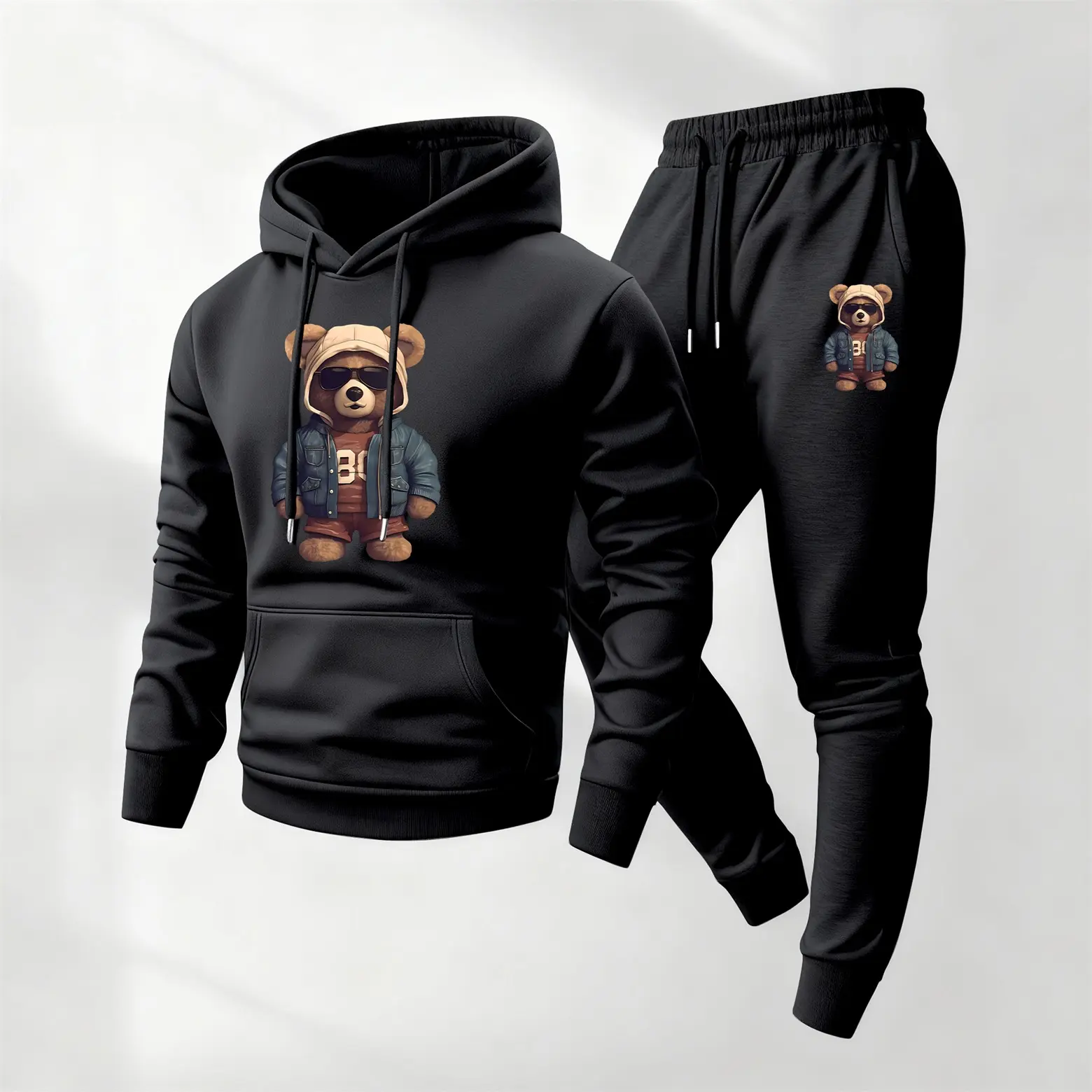 Men's 2-Piece Hoodie Set, Soft Bear Graphic Athleisure Loungewear with Drawstring Pants, Casual Fit for Fall & Winter Daily Wear, Polyester, Longsleeves, Fabric, Tracksuit, Hoodie/Jumper, Machine Washable, Mensfashion, Clothes, Sports, Baggy, Loose, Casua