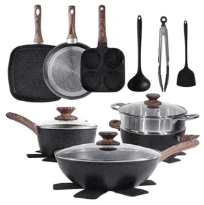 Gianna 17 Pcs Nonstick Pots and Pans, Non-toxic Kitchen Cooking Set with Stay-Cool Handles, Black, nonstick cookware, ceramic cookware, pots and pans, aluminum cookware, kitchen essentials