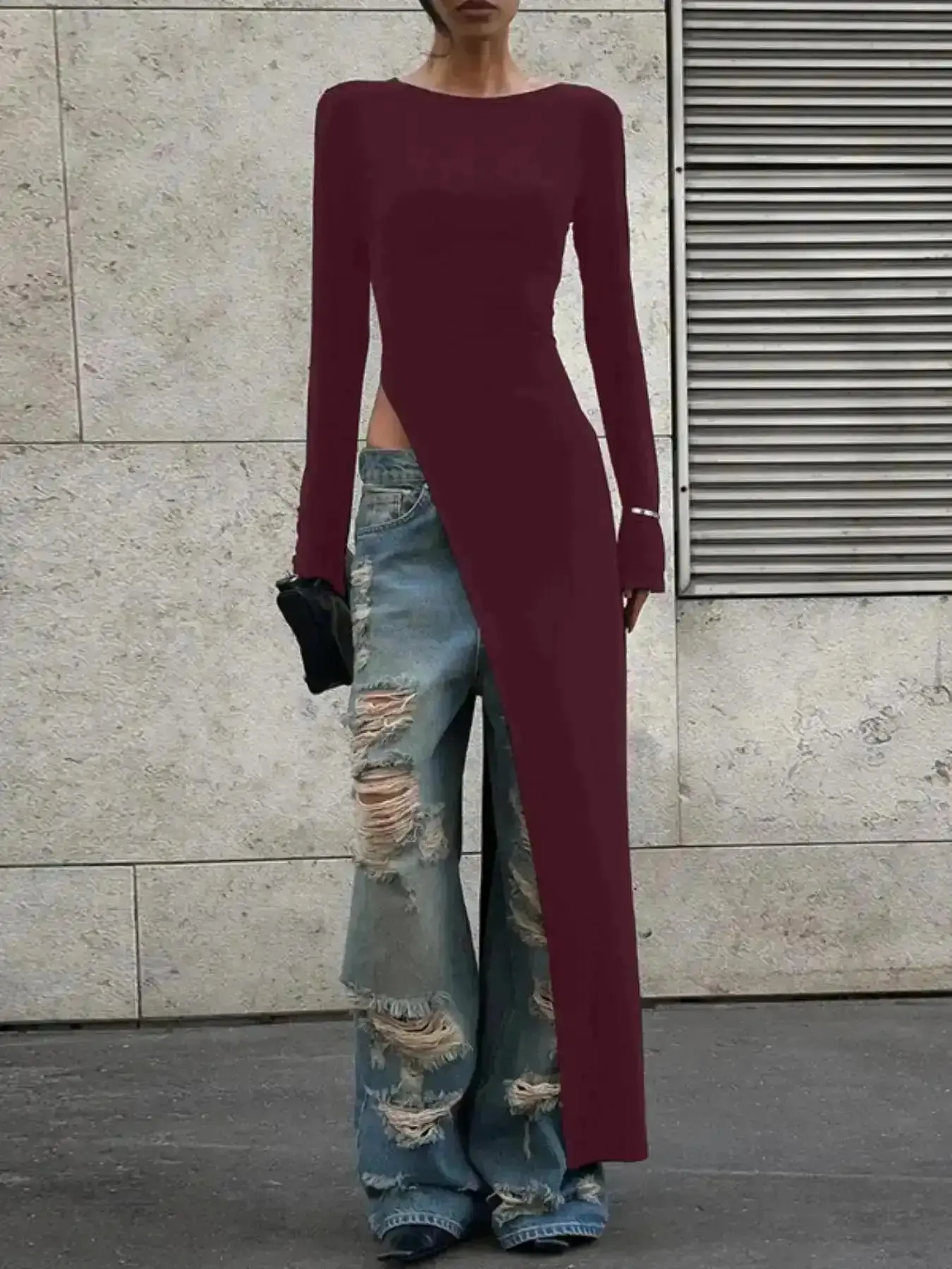 2026 Women's Plain Asymmetrical Split Hem Longline Top, Elegant Casual Slim Fit Long Sleeve for Spring and Fall, Clothing Daily Wear, Trendy, Timeless, Everyday, Going Out, Lightweight and Comfortable Feel