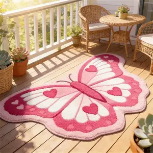 Cute pink butterfly living room sofa carpet light luxury peacock butterfly shape bedroom bedside carpet with love design dresser carpet ins style balcony bay window carpet washable entry entrance non-slip floor mat special-shaped artist decorative carpet