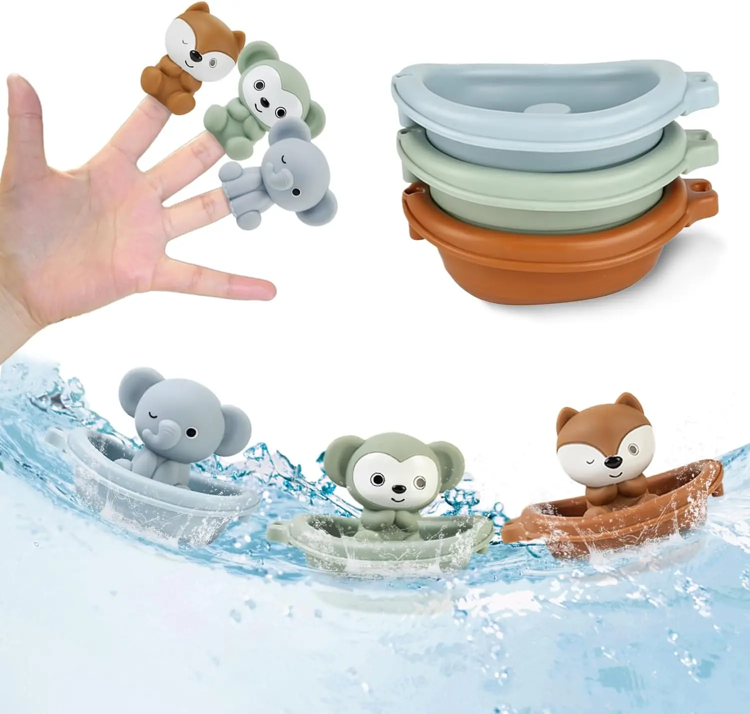 Unisex Baby Bath Toys for Toddlers 1-3, Playful Stacking Stackable Floating Boat Train with Silicone Animal Finger Puppets for Role Play, Animals, Durable, Bath Time, 1-3 Years