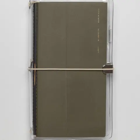 A5 Slim Size | Cloth & Paper Clear Vinyl Travel Notebook Cover | 5 1/8" x 8 3/4" | Transparent Planner Cover with Elastic Binding for 4 Refills | Clear Notebook Cover for Planners – Beige Bungee Closure