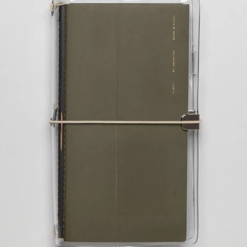 A5 Slim Size | Cloth & Paper Clear Vinyl Travel Notebook Cover | 5 1/8" x 8 3/4" | Transparent Planner Cover with Elastic Binding for 4 Refills | Clear Notebook Cover for Planners – Beige Bungee Closure