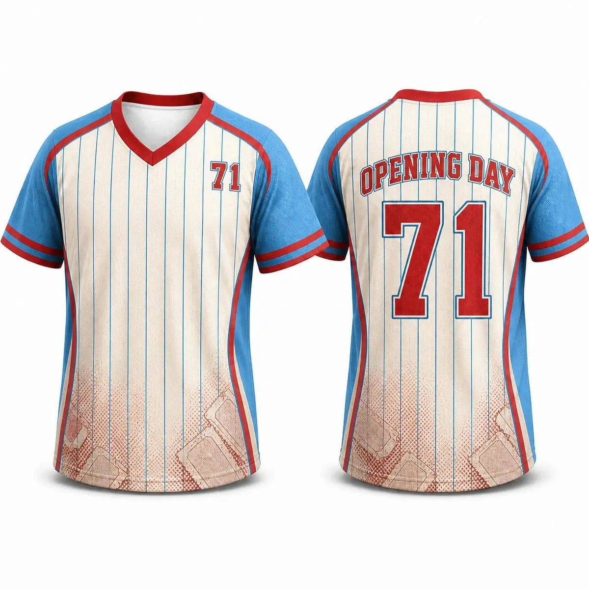 Unisex Baseball Theme Athletic Wear - Sky Blue/Cream/Tomato Red Vintage V-Neck Mesh Fabric Short Sleeve Tops, Opening Day Ticket All-Over Print Athletic Jersey, Streetwear for Men & Women, Multi-Size