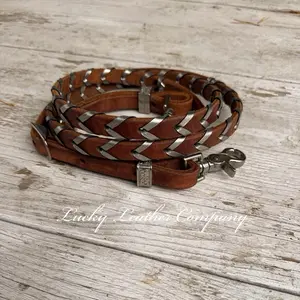 USA MADE Butter Soft Herman Oak & Silver Laced Barrel Reins, 7ft, Handmade in Idaho, stainless Steel Hardware!