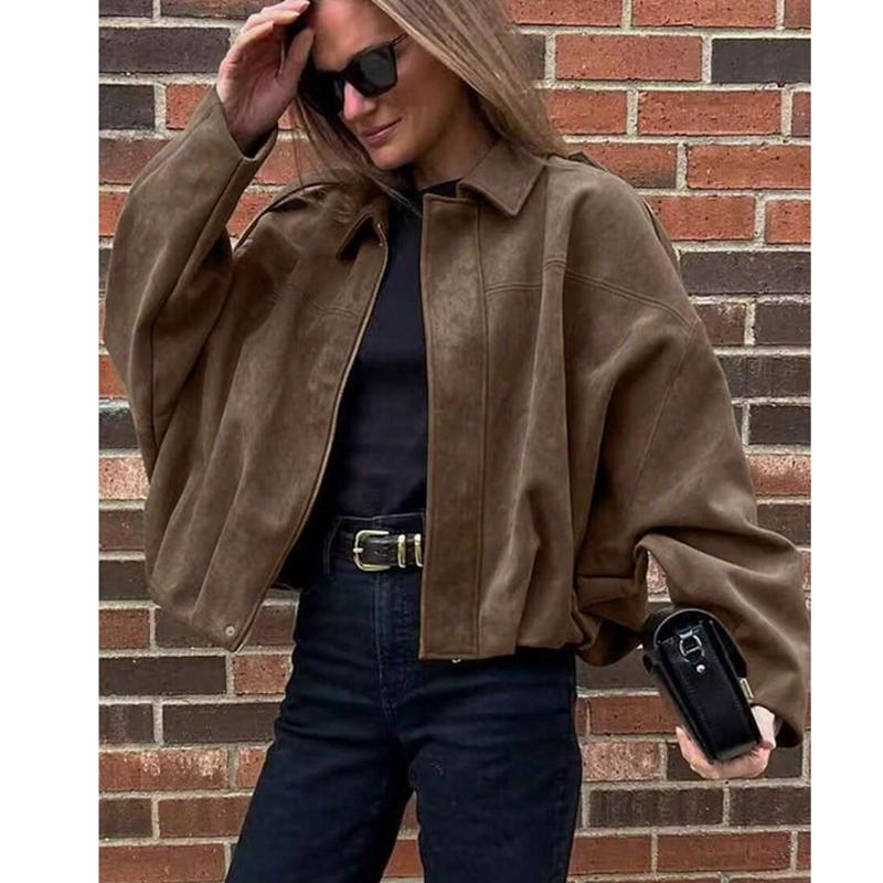 Women's Casual Army Green Jacket with Lapel Design Batwing Sleeves Button Front Lightweight Fashionable for Spring Autumn Winter All Match Tops Coats Womenswear Outerwear Fitted Basic Collared Minimalist length sleeve Dark Brown