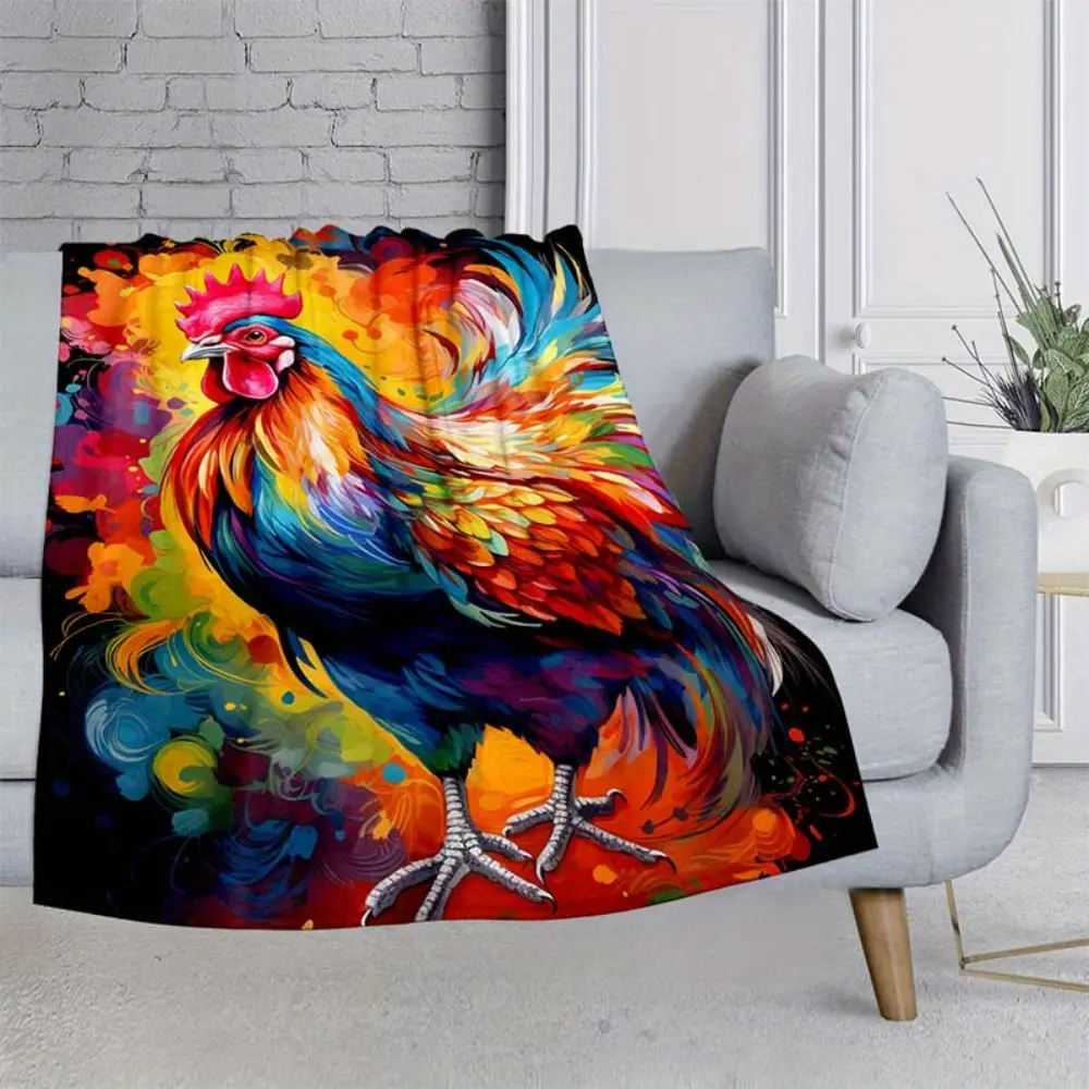 1pc Vibrant Rooster Print Flannel Fleece Thin Blanket - Lightweight, Portable Flannel Throw for Home Sofa, Travel, Office Use - Soft, Warm Digital Printing Blanket