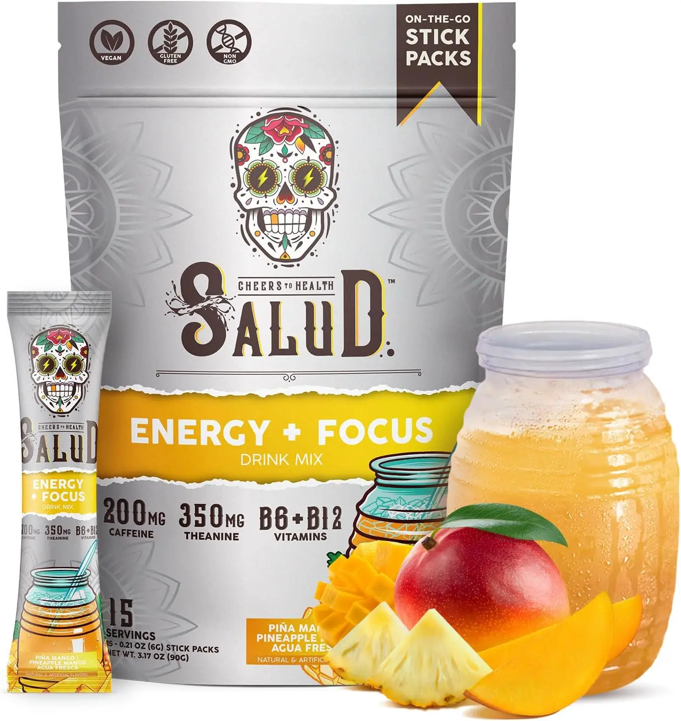 2-in-1 Energy + Focus Drink Mix, Pineapple Mango | Organic Caffeine, B6 + B12, Theanine, Clean Energy Packets, Agua Fresca Mix, Non-GMO, Gluten Free, 1g of Sugar (15 Servings) Workout Hydration Drink