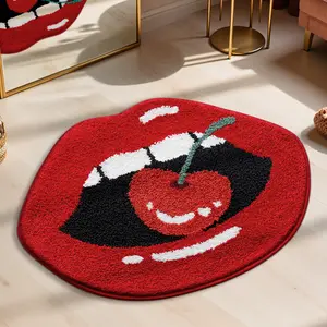 1PC- Vintage Fluffy Valentine's Day Bathroom Rug Red Lip Pattern Bath Mat, Bathroom Decorative Mat, Home Decor Small Carpet, Ultra Soft Microfiber Bathroom runner, Anti Slip TPR Backing House Mat, Machine Washable, Living Room, Vanity