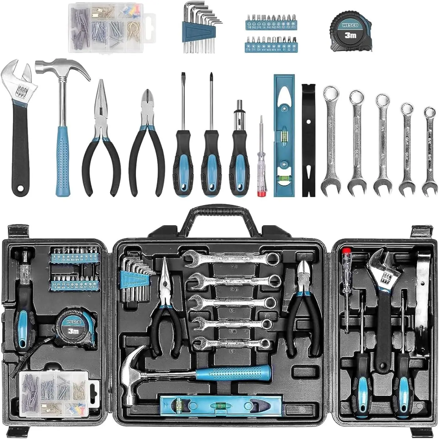 Tool Kit for Home 144 Piece Hand Tool Set with Box Pliers Wrenches Voltage Tester Measure Tape Screwdriver Bits High-Quality Anti-Corrosion Surface Treatment