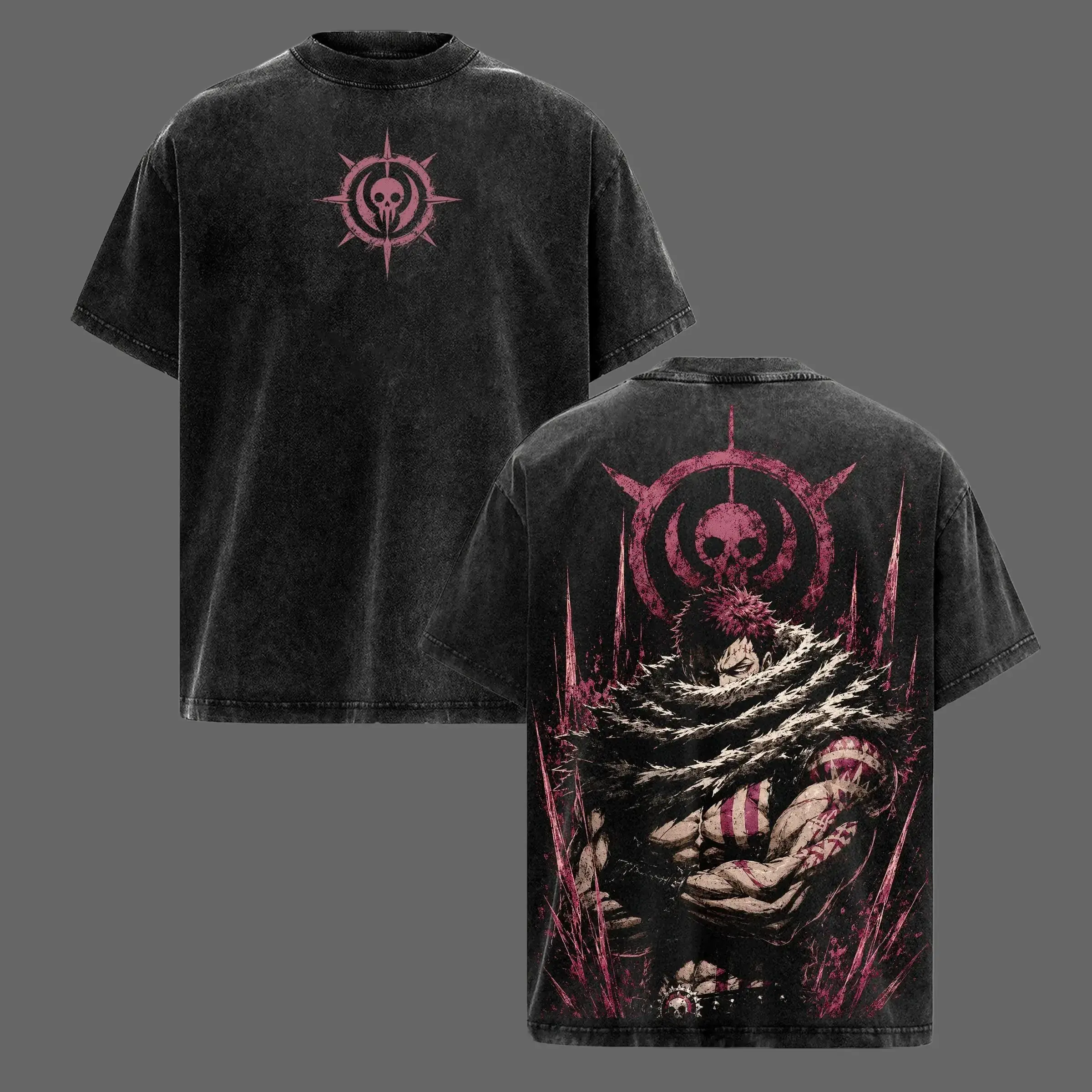 Katakuri Cursed Emblem Vintage Washed T-Shirt, Charlotte Katakuri One Piece Anime Tee, Gym Pump Cover Oversized Villain Back Print Streetwear Heavy Cotton Shirt