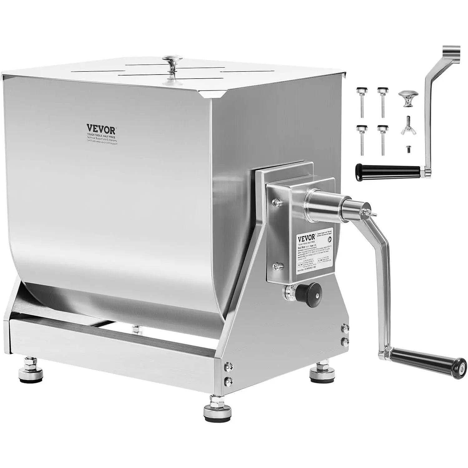 VEVOR Manual Meat Mixer, 15 Pound Capacity Tilt Tank Meat Mixer, Stainless Steel Meat Processing Equipment, Sausage Mixer Machine with Lid and Handle, Ground Beef Hand Mixer, Silver