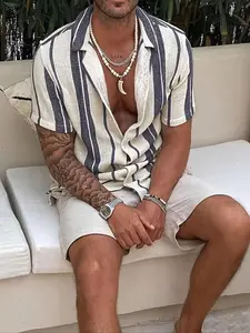 Two-piece Set Men's Striped Print Button Shirt & Shorts, Regular Fit Casual Short Sleeve Top & Shorts, Men's Summer Clothes for Outdoor Wear, Casual Fashion Set