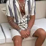 Two-piece Set Men's Striped Print Button Shirt & Shorts, Regular Fit Casual Short Sleeve Top & Shorts, Men's Summer Clothes for Outdoor Wear, Casual Fashion Set