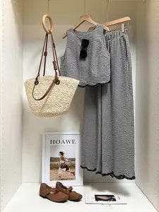 2 Piece Spring Summer Gingham Plaid Linen Outfit Set Women | Sleeveless Fitted Crop Top + High Waist Wide Leg Pants | Boho Cottagecore Old Money Style for Daily Vacation Beach Wear