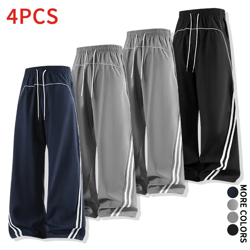 4-Pack Men’s Casual Sports Pants Set – Breathable Loose Straight Striped Athletic Pants, Quick-Dry Drawstring Waist Design, Suitable for Gym Training, Everyday Wear, and Street Style