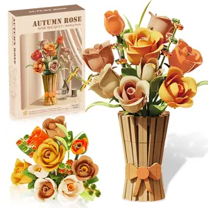 Flowers Set with Vase for Adults 868 PCS Icon Roses Bouquet Botanical Collection Kits with Yellow, Red, Mocha, Champagne Roses & Eucalyptus Leaves Artificial Flower Set Valentines Day Gifts for Her Him Kids Girl Toy Home Office Decorations building fun