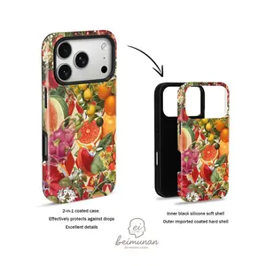 Vintage Fruits Cherry Lemon Orange Pitaya Watermelon Print Phone Case， Rugged Shockproof 2in1 Protective Shell for iPhone 17 16 15 14 13 12 Pro Max， Samsung Galaxy S25 S24 S23 S22 Ultra Series Holiday Gift Chic Protective Cover