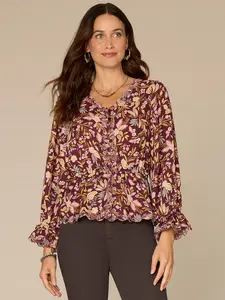 Long Tie Sleeve V-Neck Printed Woven Top with Scallop Edge Embroidery