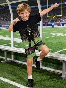 Summer Boys Ronaldo Soccer Suit, Euro Cup Stadium Printed Short Sleeve Shorts, Comfortable Breathable Sporty, Summer Sweat-Free