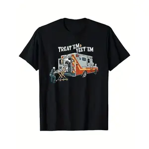 180g"Treat 'em & Yeet 'em" EMS T-Shirt - 180g 100% Cotton, Crew Neck, Short Sleeve, Casual Design With Ambulance & Paramedic Illustration, All-Season Comfort, Casual Wear| Cartoon Print Shirt| Comfortable Fit, EMS Shirts