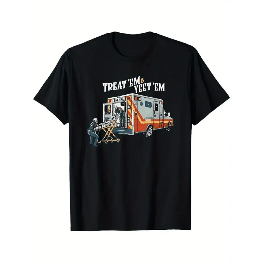 180g "Treat 'em & Yeet 'em" EMS Tshirt - 100% Cotton Soft Fabric, Crew Neck, Short Sleeve, Casual Sportswear with Ambulance & Paramedic Cartoon Print, All-Season Comfort, Outdoor Casual Wear