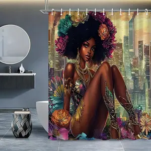 Urban Afro Trendy Floral Girl Theme Shower Curtain Set, Four-Piece Bathroom Décor Kit for Stylish Women, Unique Aesthetic Bathroom Essentials