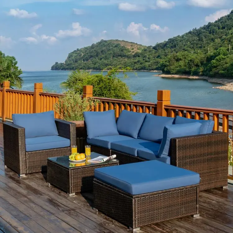 Spaco 6 Piece Small Patio Furniture Sets, All Weather PE Wicker Rattan Outdoor Sectional Sofa Conversation Couch with Glass Table, Cushions , for Lawn, Garden, Backyard