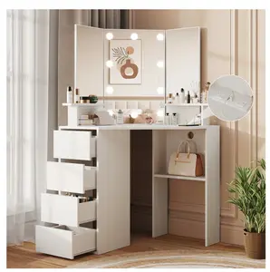 White Corner Vanity Desk with Mirror and Light,Makeup Table with 4 Drawers and Charging Station for Bedroom